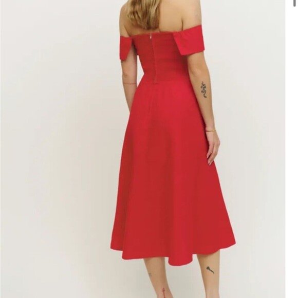 Reformation Red Adriel 100% Linen Midi Dress (0) - Picture 3 of 7
